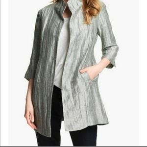 EILEEN FISHER Silver Gray Womens Large Crinkled Linen Blend Open Front Jacket